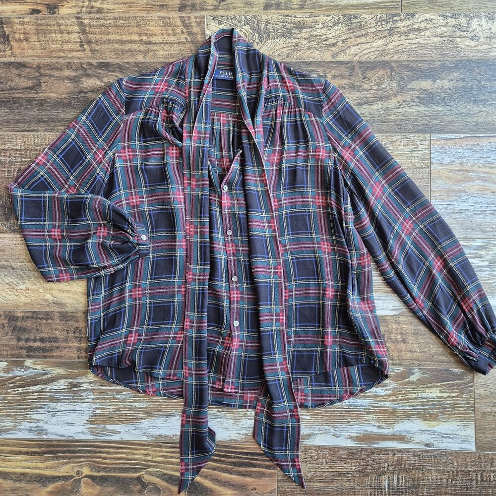 Polo by Ralph Lauren Black Navy Red Plaid Tie-Neck Blouse - Picture 7 of 13